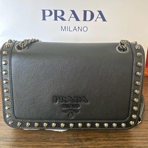 PRADA Glace Calfskin Studded Crossbody in Black